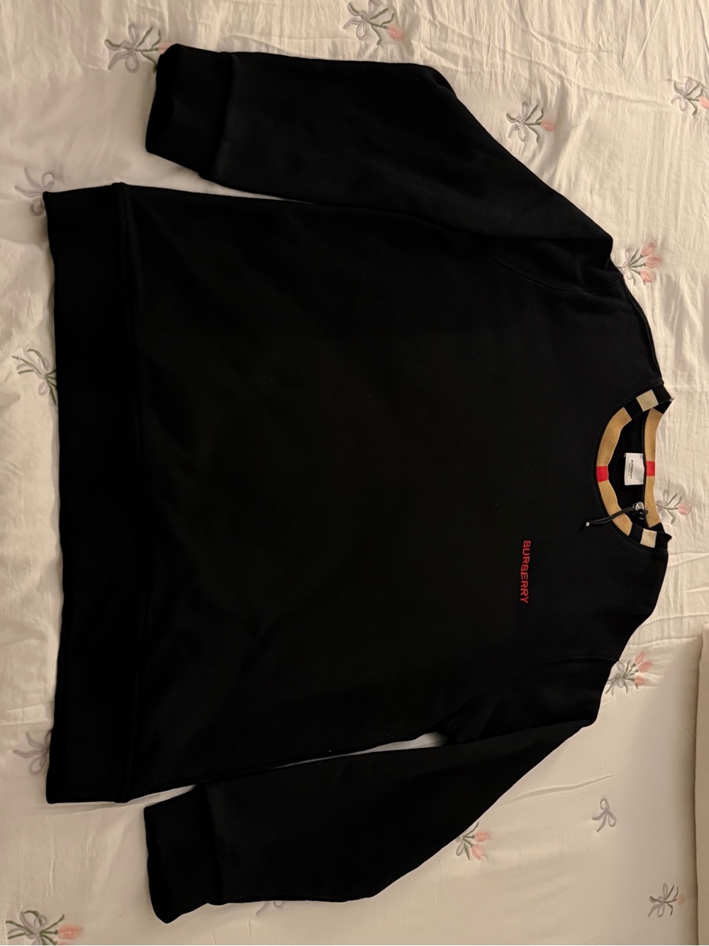 Burberry Black Crewneck Sweatshirt with Check Collar and Red Logo